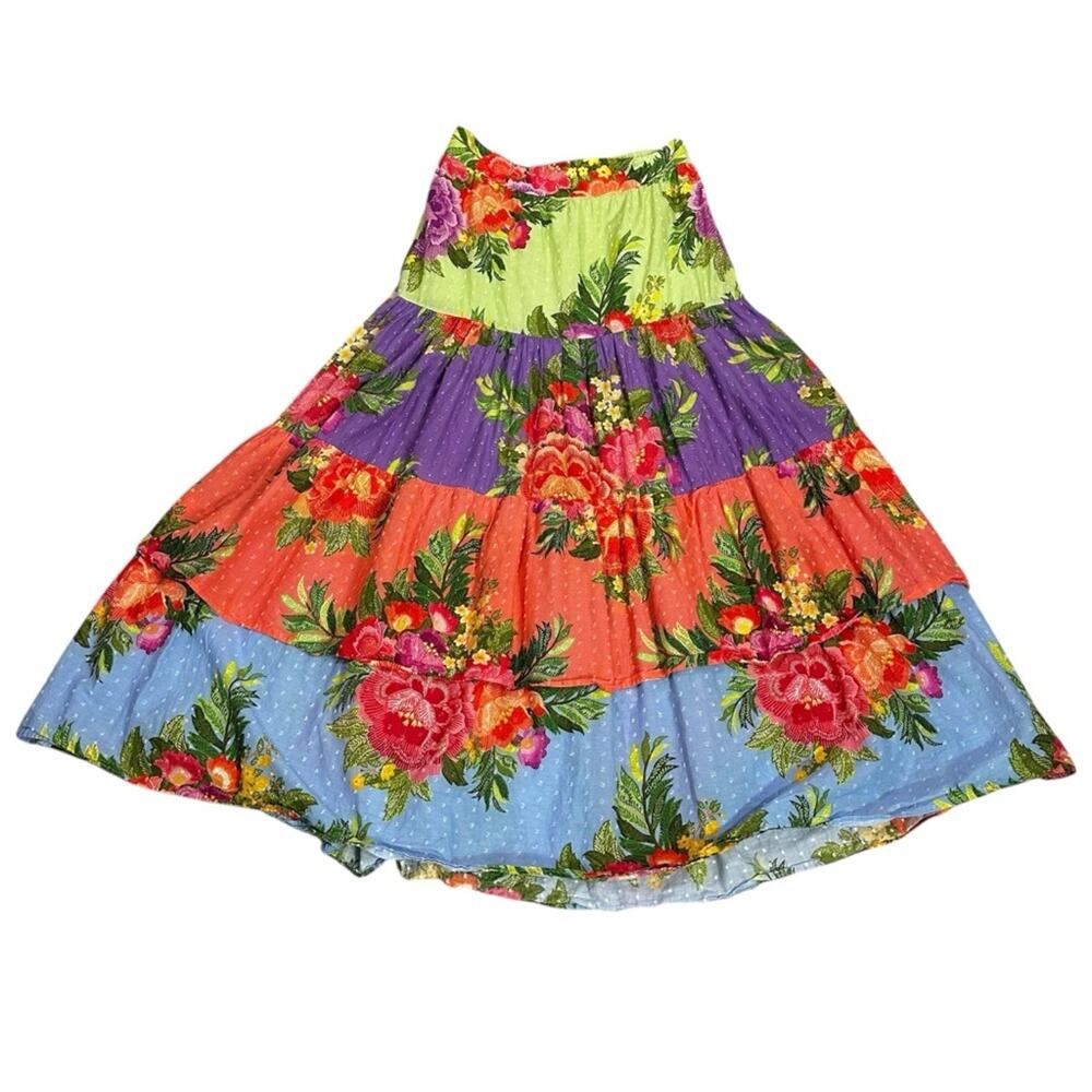 Farm Rio Tropical Floral Patchwork Tiered Floral Maxi Skirt Size Large Bohemian - Picture 9 of 13